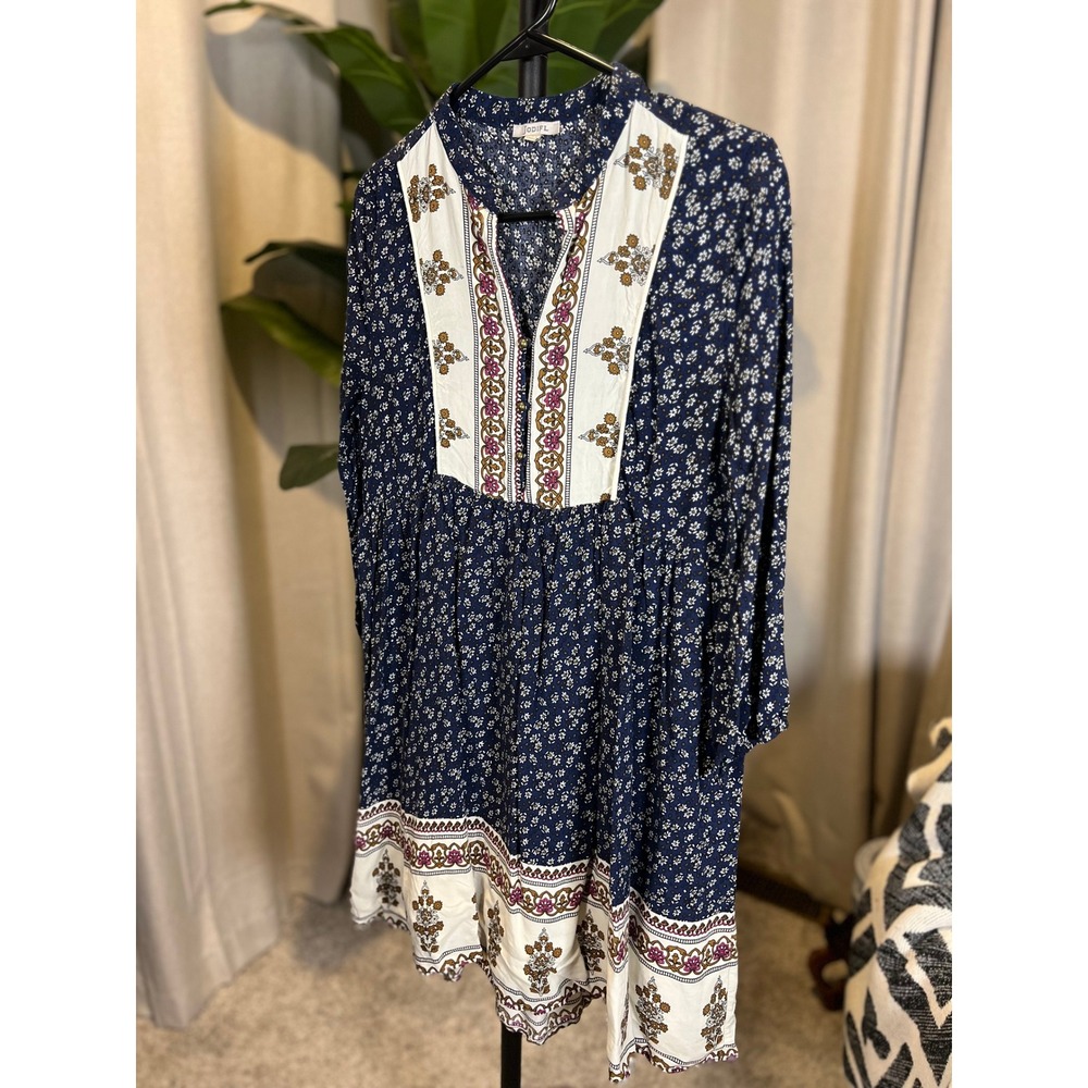 Jodifl Womens Navy Blue Ditsy Floral Boho Babydoll Dress 3/4 Sleeve Size Medium